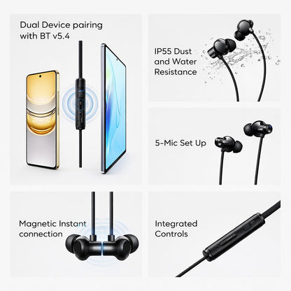 Bluetooth Neckband Earphones, 50H Playtime, 12Mm Bass Drivers, Dual Pairing, Bluetooth 5.4, Magnetic Earbuds, Ipx5, Fast Charging, Voice Assistant, Mic, Smart Controls (Black)
